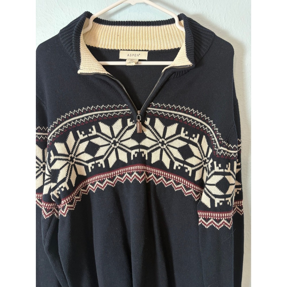 Aspen Mens Navy Blue Faire Isle 1/4 Zip Sweater Large Snowflake Nordic Ski